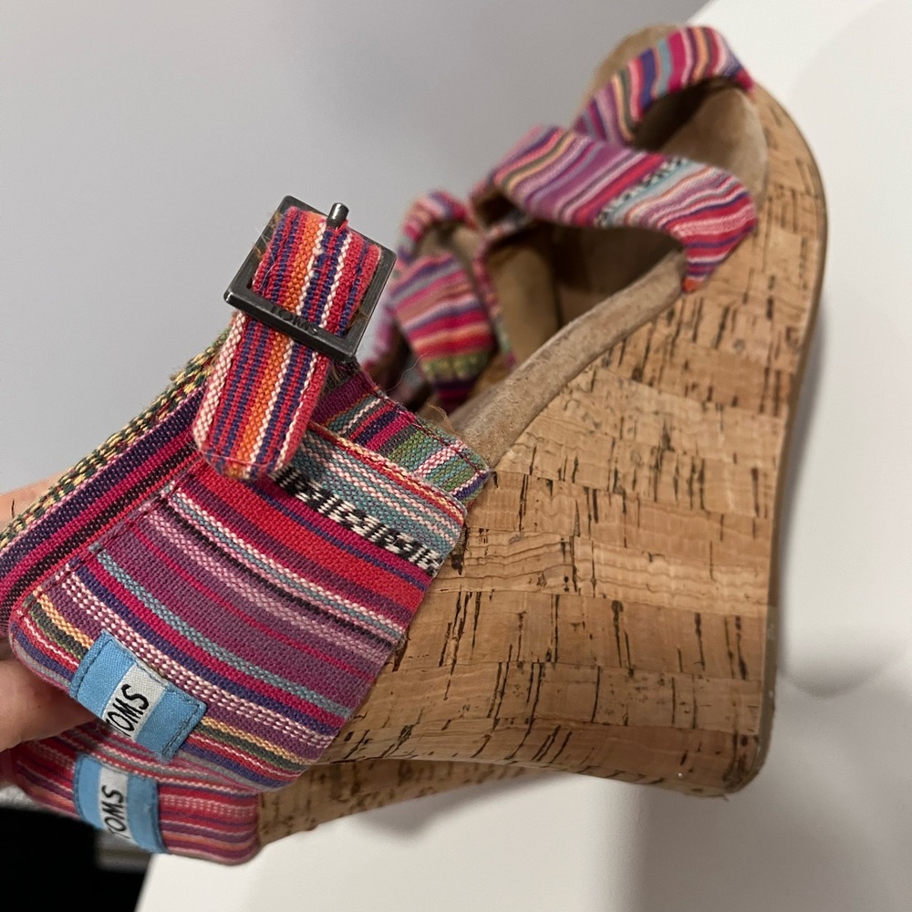 TOMS Pink Rainbow Striped Strappy Cork Wedges